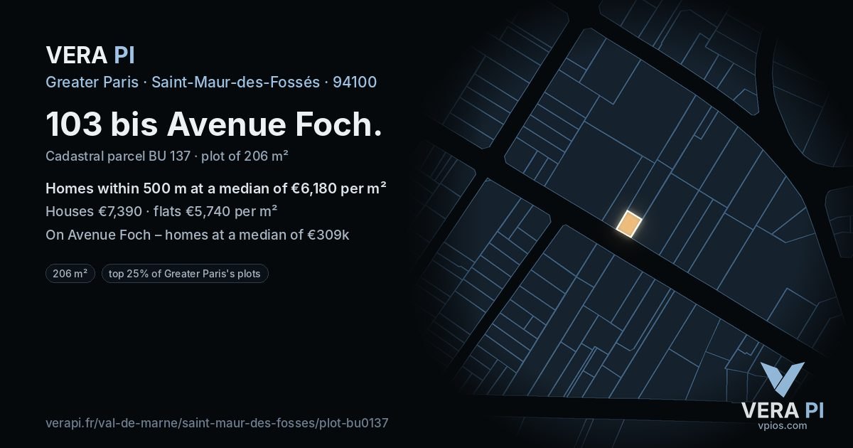 103 bis Avenue Foch, Saint-Maur-des-Fossés at night – the plot lit, the parcels around coloured by the prices near them