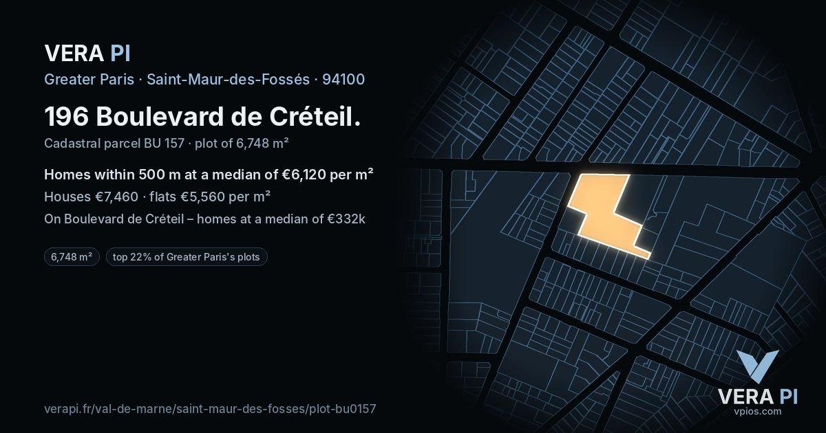 196 Boulevard de Créteil, Saint-Maur-des-Fossés at night – the plot lit, the parcels around coloured by the prices near them