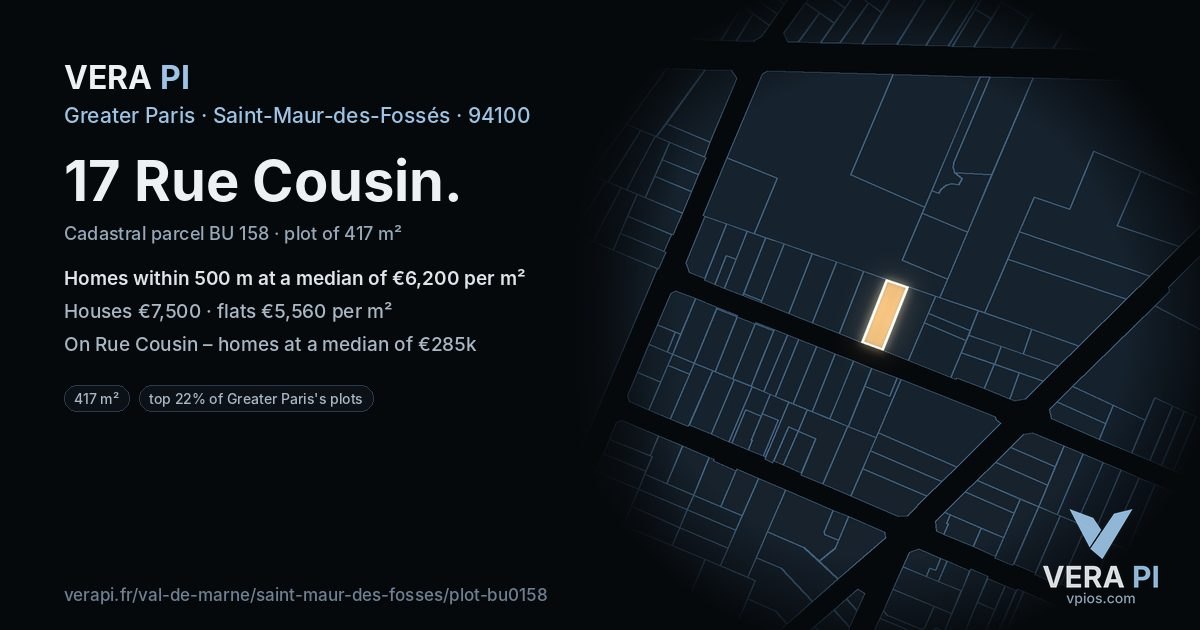 17 Rue Cousin, Saint-Maur-des-Fossés at night – the plot lit, the parcels around coloured by the prices near them