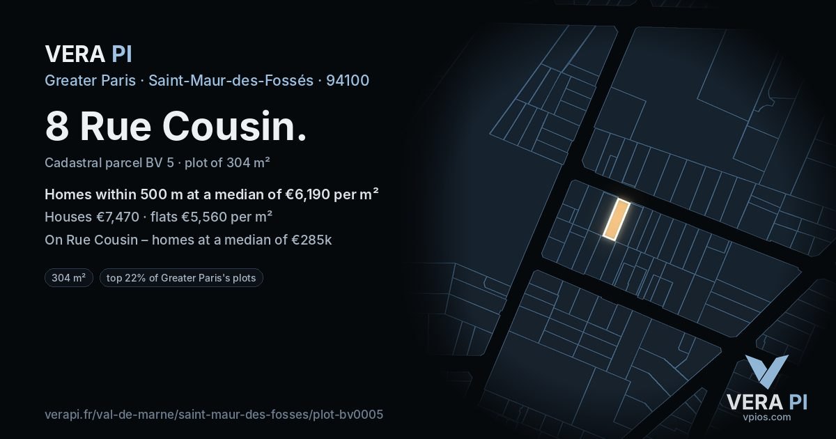 8 Rue Cousin, Saint-Maur-des-Fossés at night – the plot lit, the parcels around coloured by the prices near them
