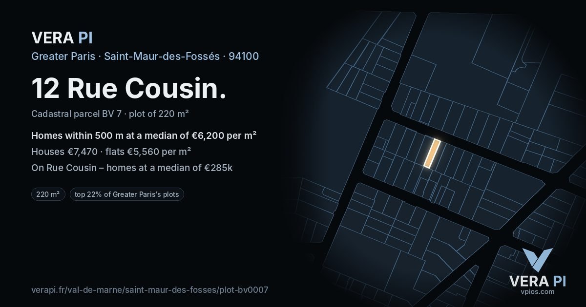 12 Rue Cousin, Saint-Maur-des-Fossés at night – the plot lit, the parcels around coloured by the prices near them