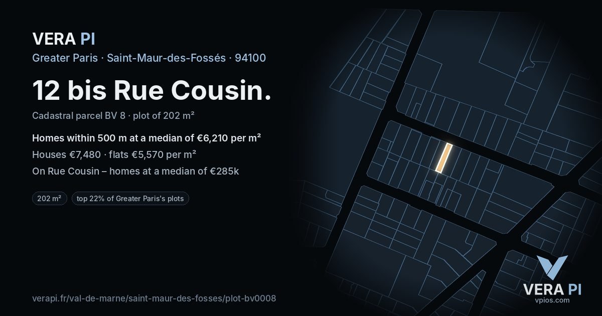 12 bis Rue Cousin, Saint-Maur-des-Fossés at night – the plot lit, the parcels around coloured by the prices near them