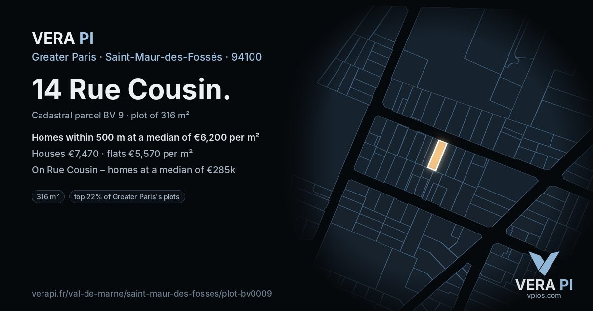 14 Rue Cousin, Saint-Maur-des-Fossés at night – the plot lit, the parcels around coloured by the prices near them