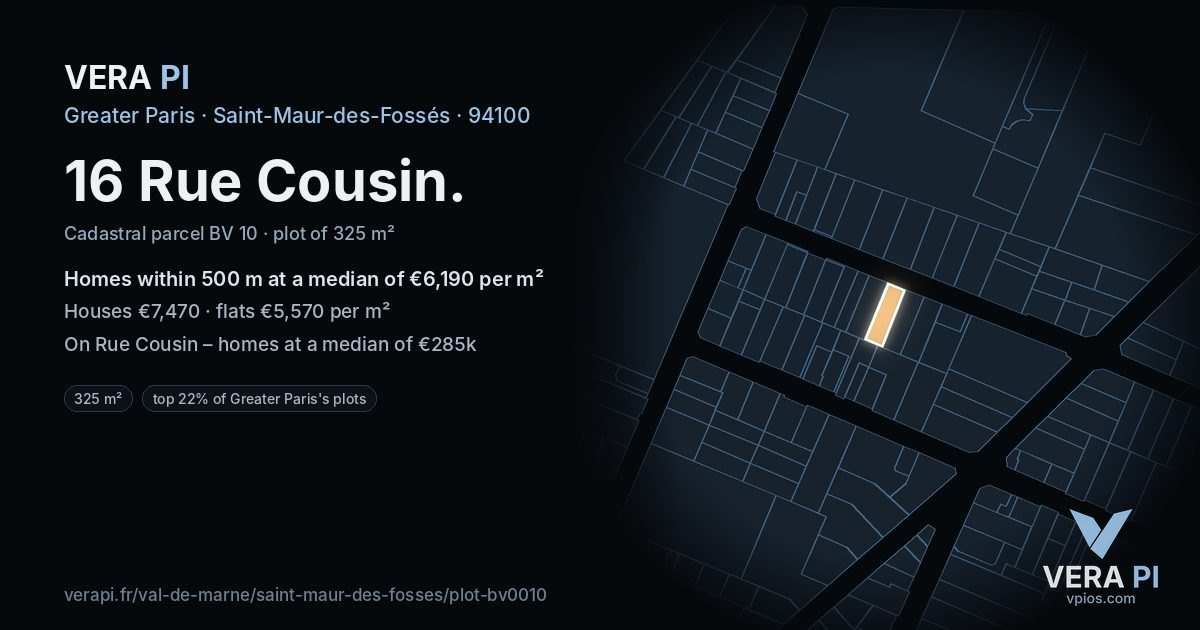 16 Rue Cousin, Saint-Maur-des-Fossés at night – the plot lit, the parcels around coloured by the prices near them