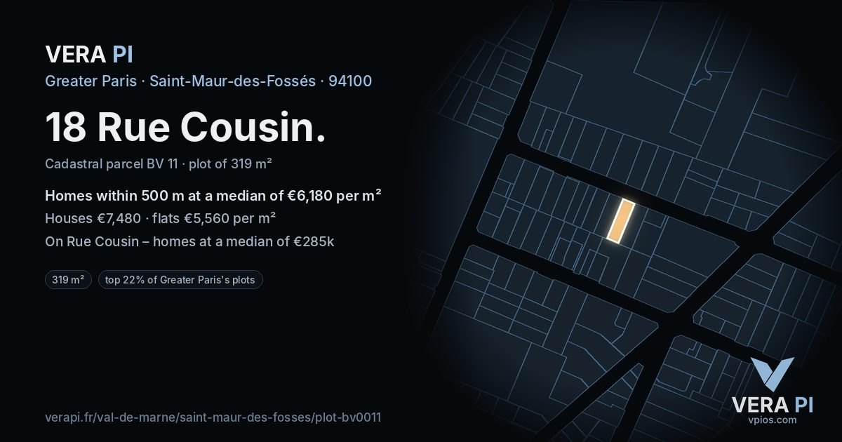 18 Rue Cousin, Saint-Maur-des-Fossés at night – the plot lit, the parcels around coloured by the prices near them