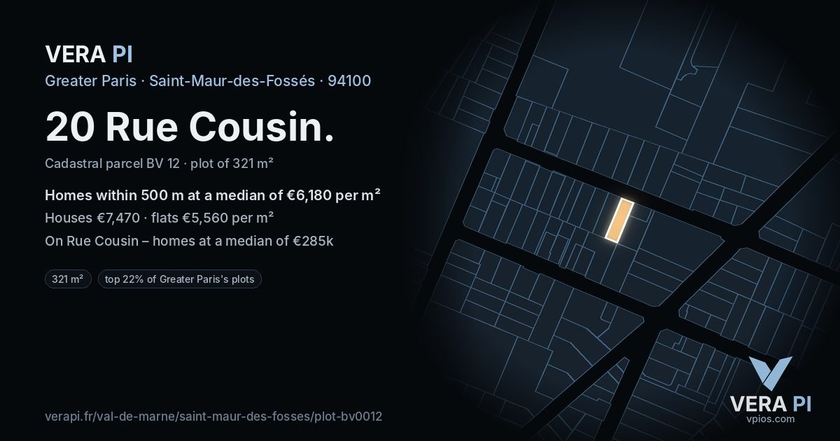 20 Rue Cousin, Saint-Maur-des-Fossés at night – the plot lit, the parcels around coloured by the prices near them