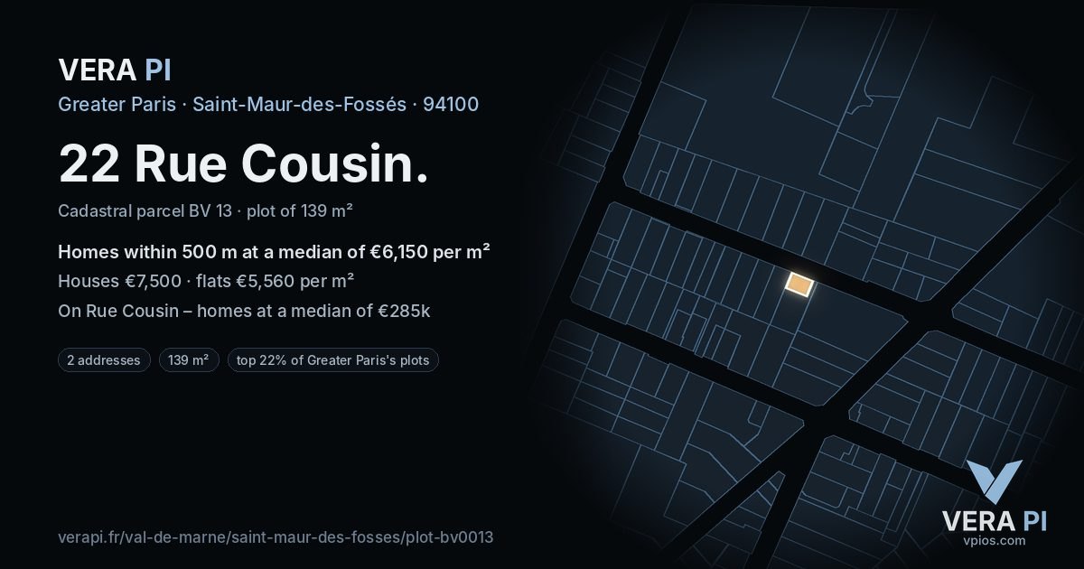 22 Rue Cousin, Saint-Maur-des-Fossés at night – the plot lit, the parcels around coloured by the prices near them