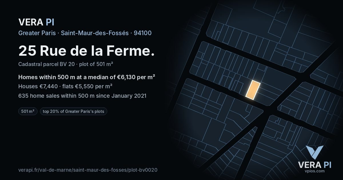 25 Rue de la Ferme, Saint-Maur-des-Fossés at night – the plot lit, the parcels around coloured by the prices near them