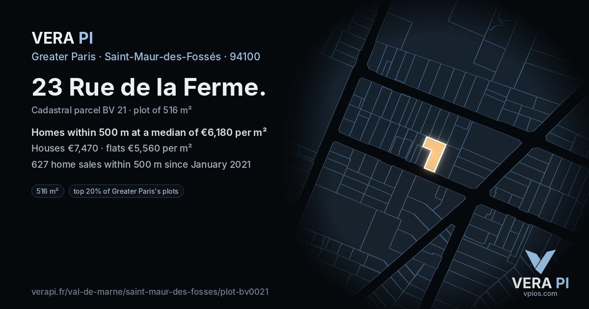 23 Rue de la Ferme, Saint-Maur-des-Fossés at night – the plot lit, the parcels around coloured by the prices near them