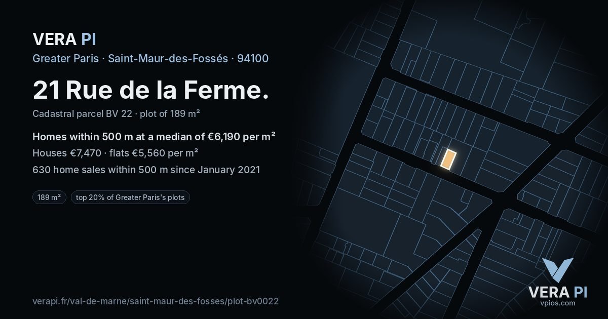21 Rue de la Ferme, Saint-Maur-des-Fossés at night – the plot lit, the parcels around coloured by the prices near them