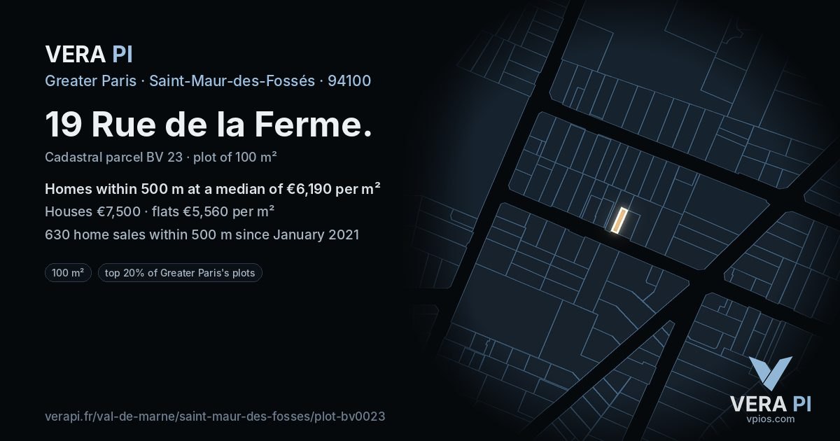 19 Rue de la Ferme, Saint-Maur-des-Fossés at night – the plot lit, the parcels around coloured by the prices near them