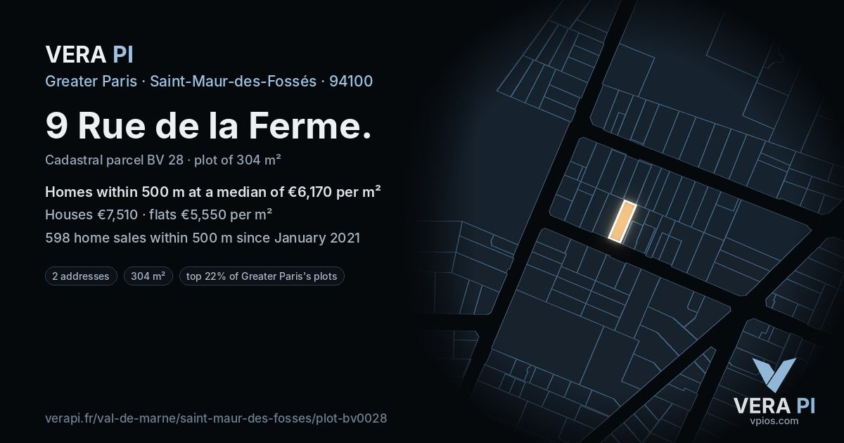 9 Rue de la Ferme, Saint-Maur-des-Fossés at night – the plot lit, the parcels around coloured by the prices near them