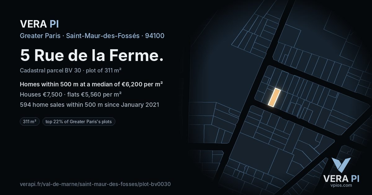 5 Rue de la Ferme, Saint-Maur-des-Fossés at night – the plot lit, the parcels around coloured by the prices near them