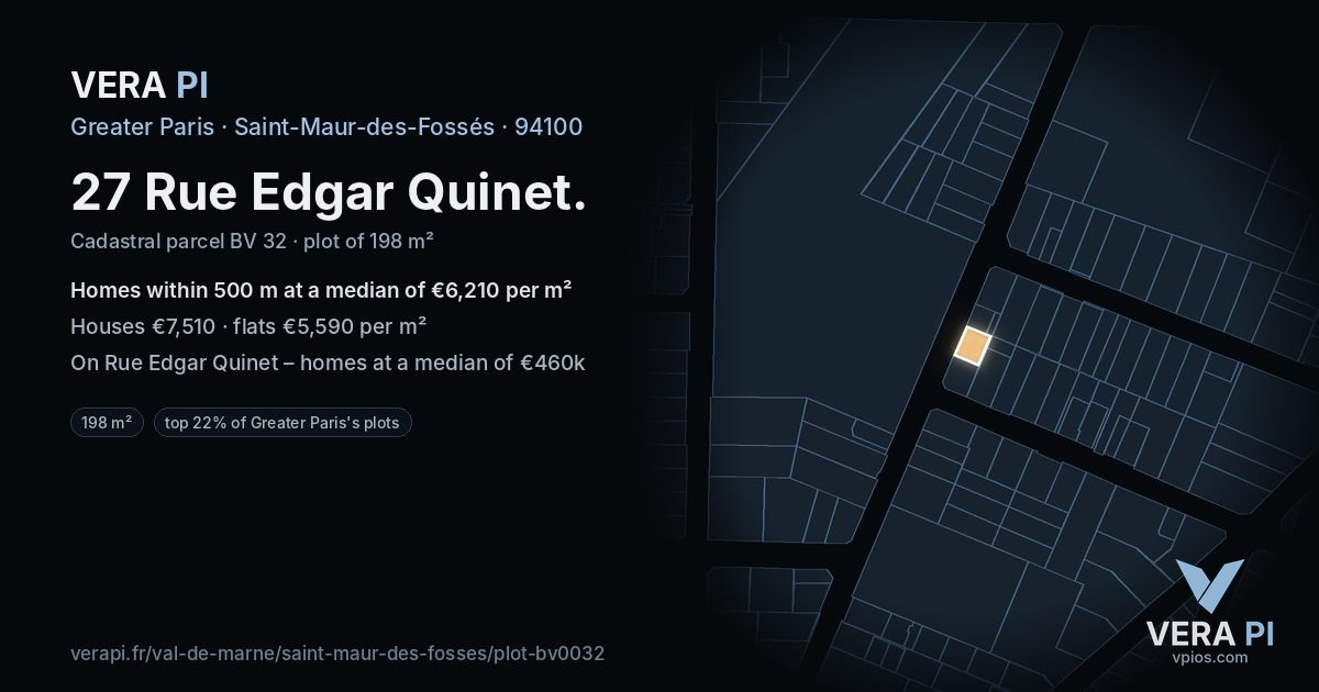 27 Rue Edgar Quinet, Saint-Maur-des-Fossés at night – the plot lit, the parcels around coloured by the prices near them