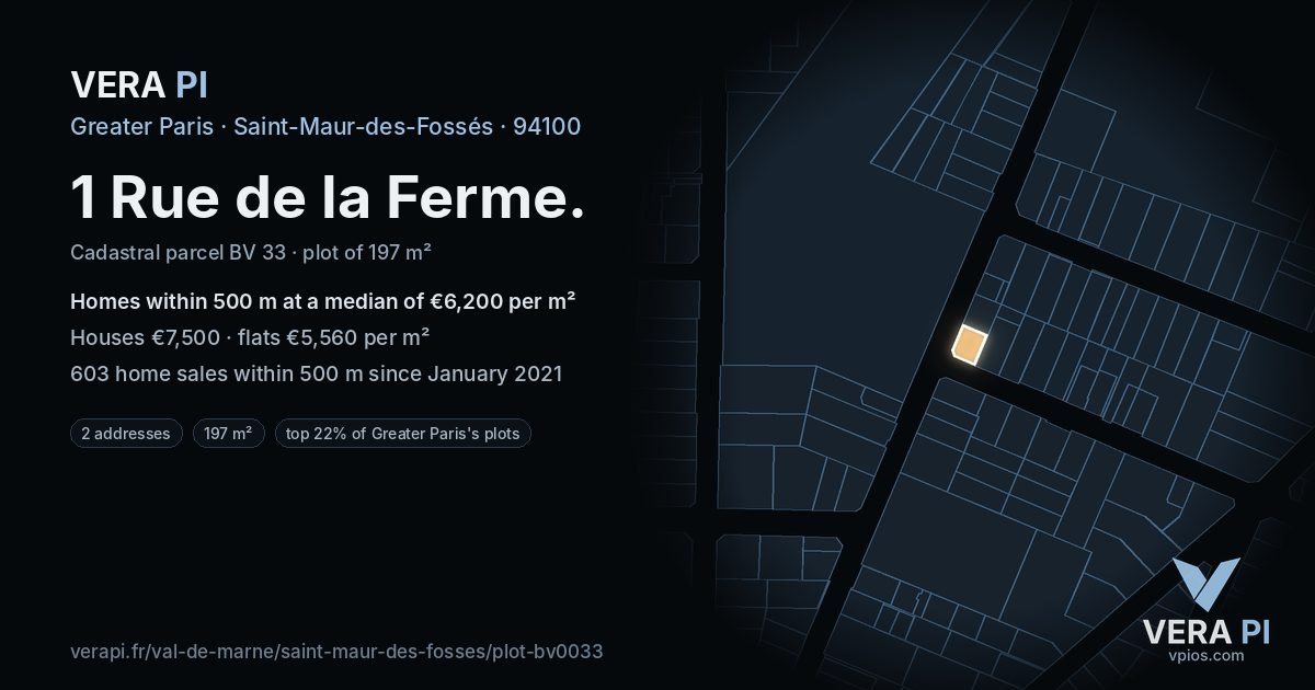 1 Rue de la Ferme, Saint-Maur-des-Fossés at night – the plot lit, the parcels around coloured by the prices near them