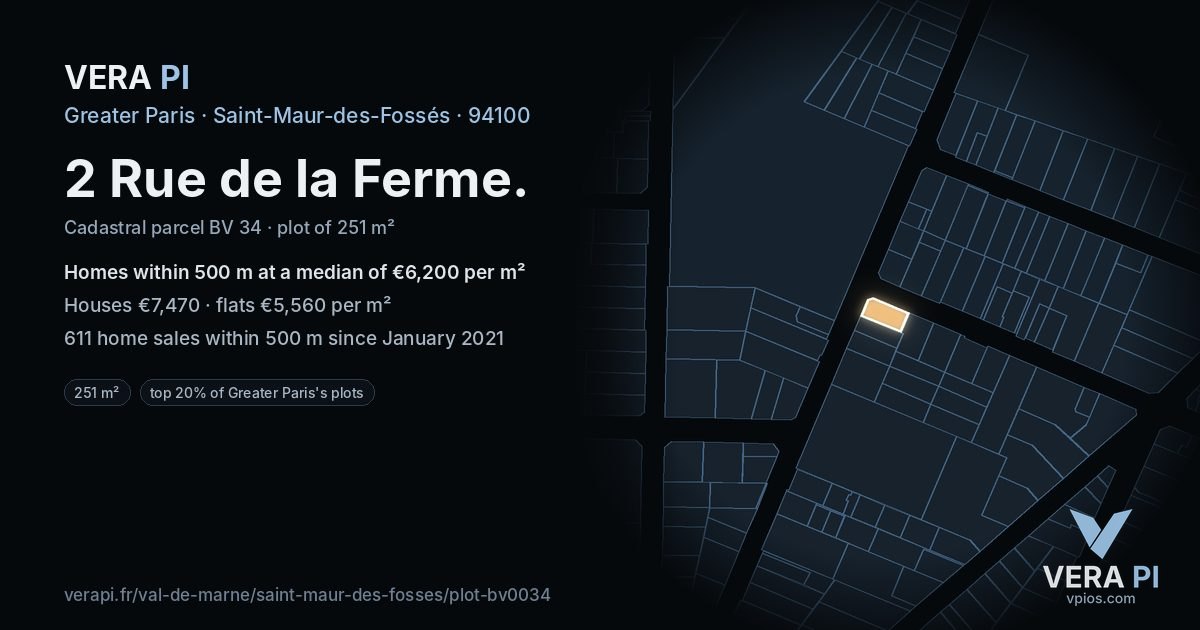 2 Rue de la Ferme, Saint-Maur-des-Fossés at night – the plot lit, the parcels around coloured by the prices near them