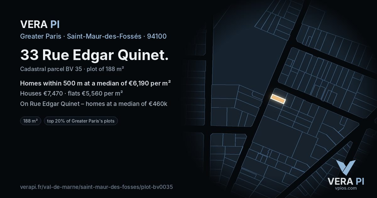 33 Rue Edgar Quinet, Saint-Maur-des-Fossés at night – the plot lit, the parcels around coloured by the prices near them