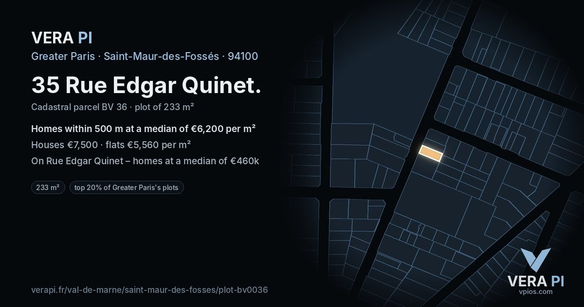 35 Rue Edgar Quinet, Saint-Maur-des-Fossés at night – the plot lit, the parcels around coloured by the prices near them