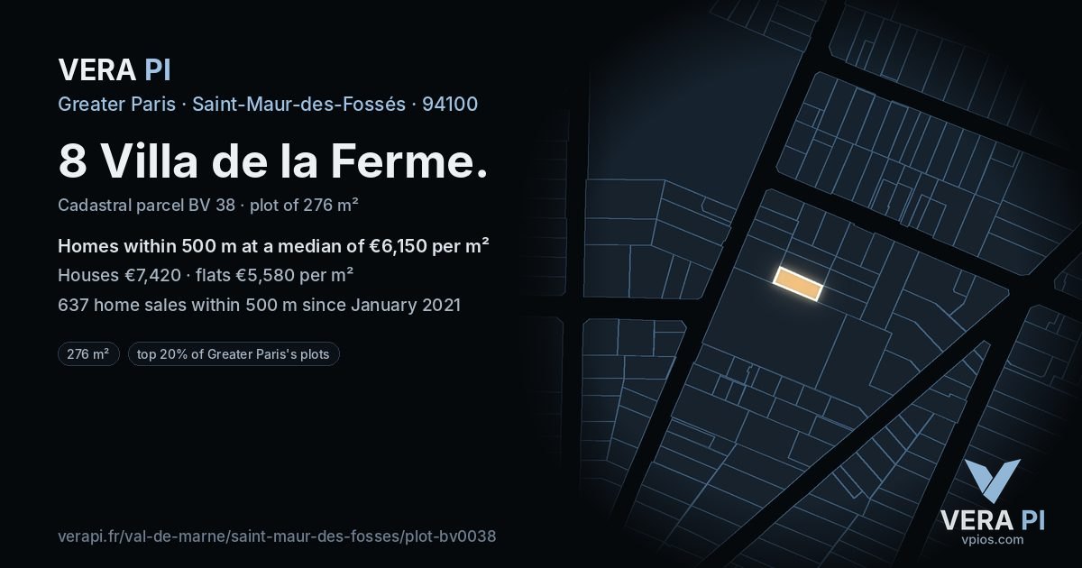 8 Villa de la Ferme, Saint-Maur-des-Fossés at night – the plot lit, the parcels around coloured by the prices near them