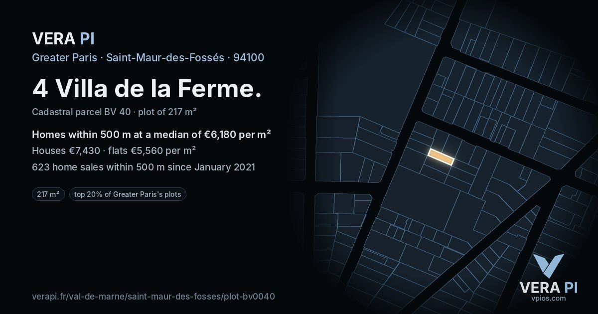 4 Villa de la Ferme, Saint-Maur-des-Fossés at night – the plot lit, the parcels around coloured by the prices near them