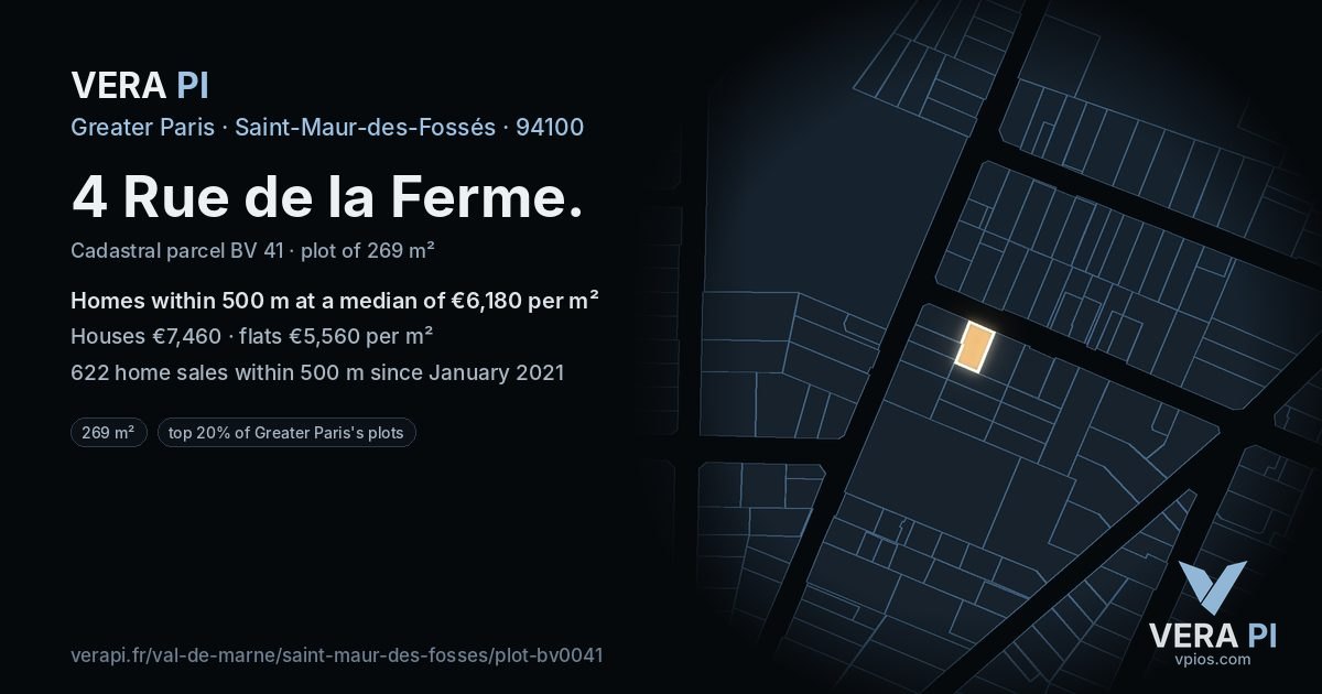 4 Rue de la Ferme, Saint-Maur-des-Fossés at night – the plot lit, the parcels around coloured by the prices near them