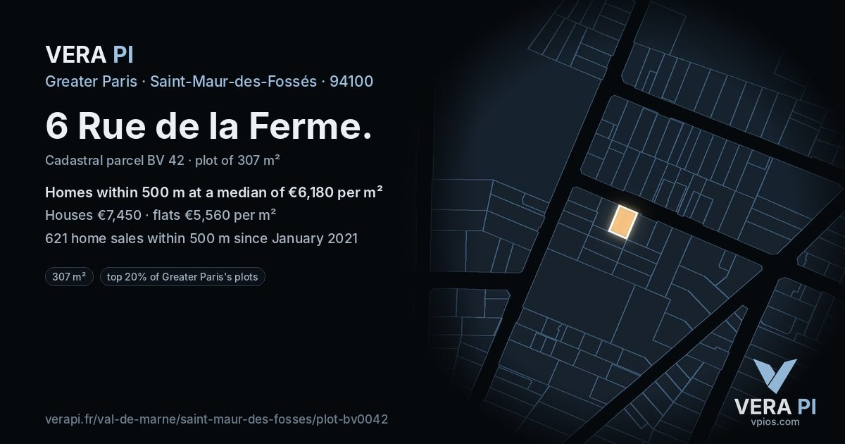 6 Rue de la Ferme, Saint-Maur-des-Fossés at night – the plot lit, the parcels around coloured by the prices near them