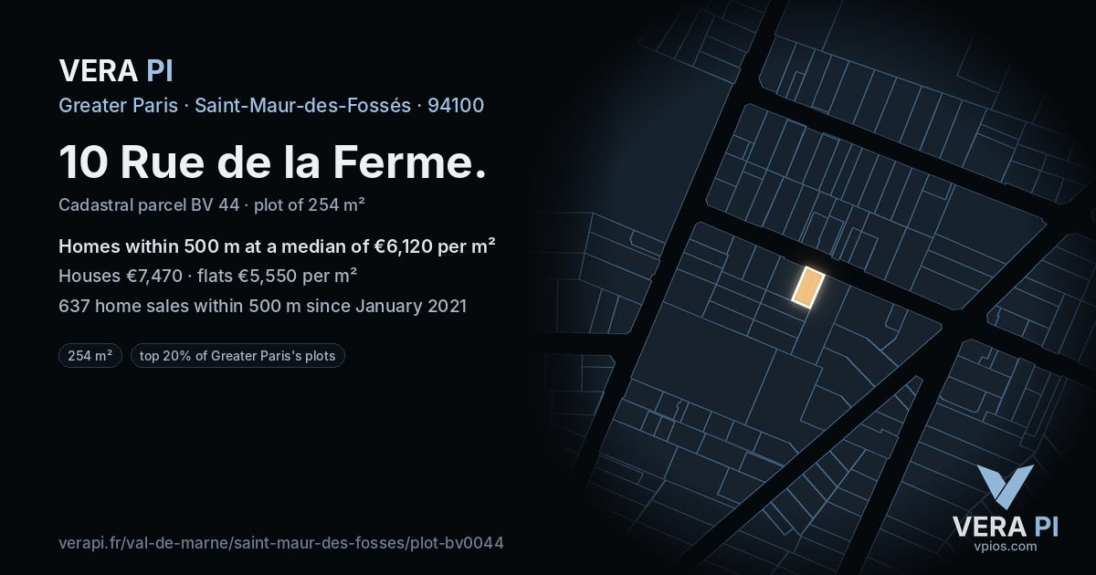 10 Rue de la Ferme, Saint-Maur-des-Fossés at night – the plot lit, the parcels around coloured by the prices near them