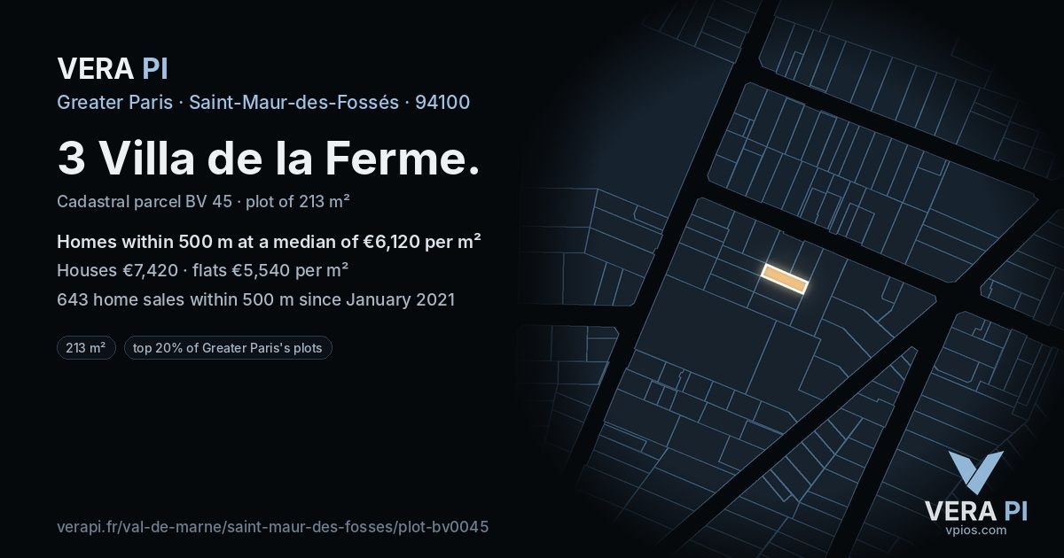 3 Villa de la Ferme, Saint-Maur-des-Fossés at night – the plot lit, the parcels around coloured by the prices near them
