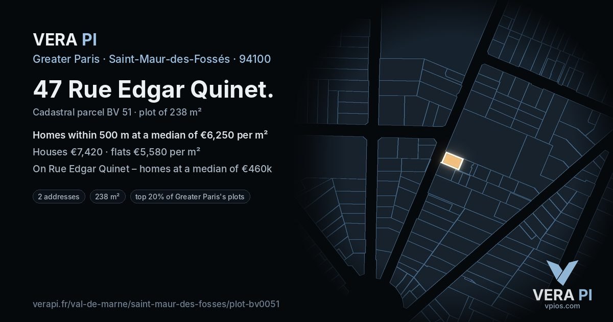 47 Rue Edgar Quinet, Saint-Maur-des-Fossés at night – the plot lit, the parcels around coloured by the prices near them