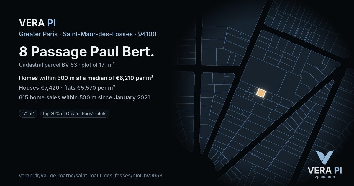 8 Passage Paul Bert, Saint-Maur-des-Fossés at night – the plot lit, the parcels around coloured by the prices near them