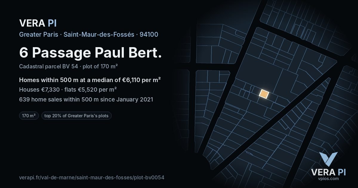 6 Passage Paul Bert, Saint-Maur-des-Fossés at night – the plot lit, the parcels around coloured by the prices near them