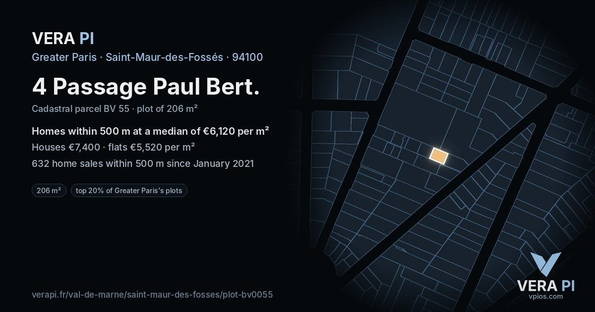 4 Passage Paul Bert, Saint-Maur-des-Fossés at night – the plot lit, the parcels around coloured by the prices near them