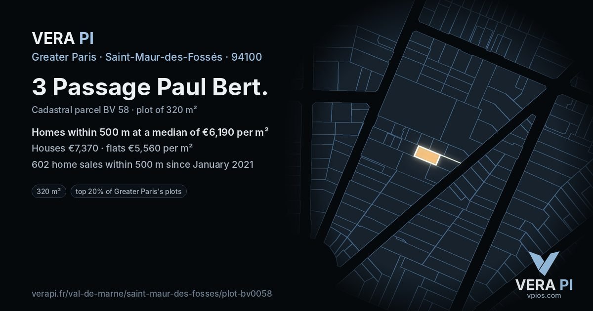 3 Passage Paul Bert, Saint-Maur-des-Fossés at night – the plot lit, the parcels around coloured by the prices near them