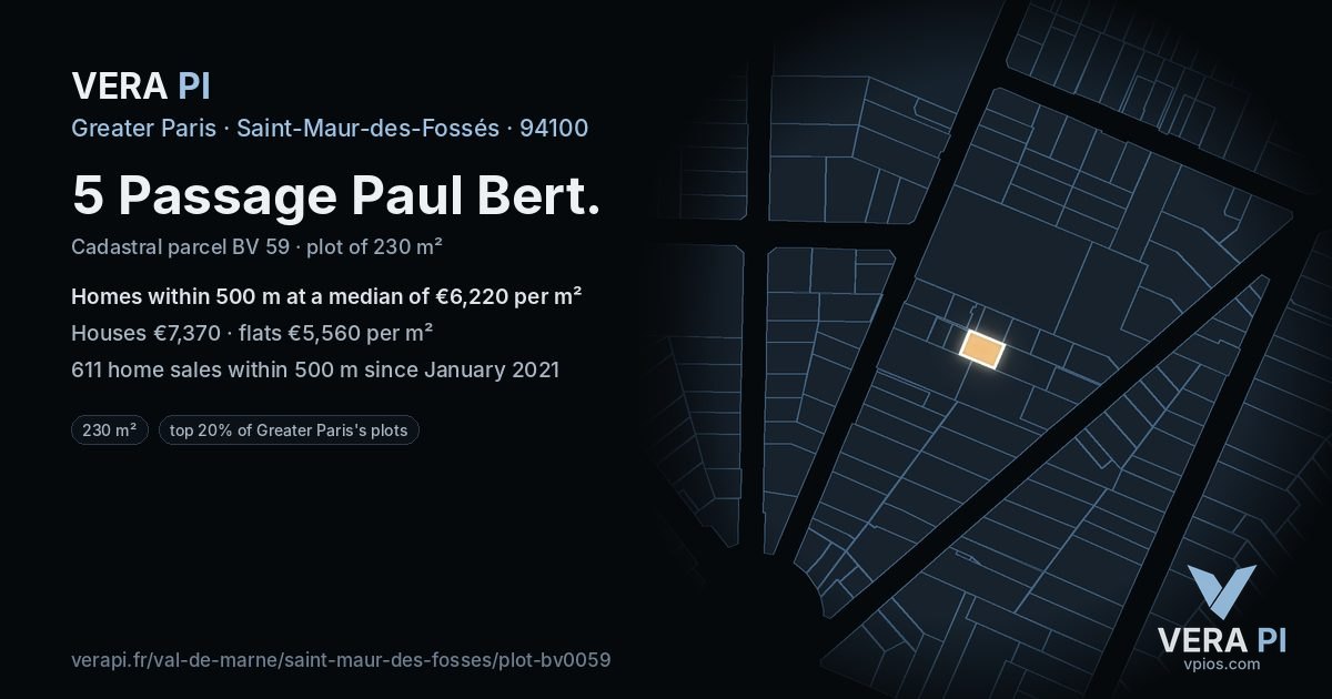 5 Passage Paul Bert, Saint-Maur-des-Fossés at night – the plot lit, the parcels around coloured by the prices near them