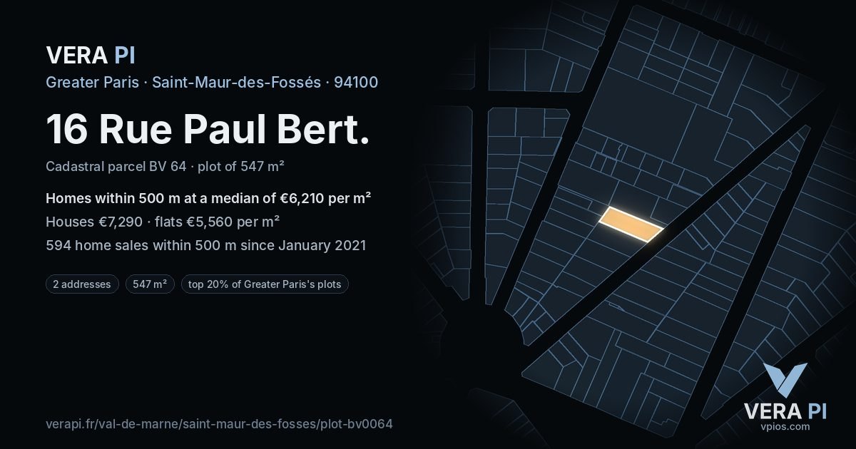 16 Rue Paul Bert, Saint-Maur-des-Fossés at night – the plot lit, the parcels around coloured by the prices near them