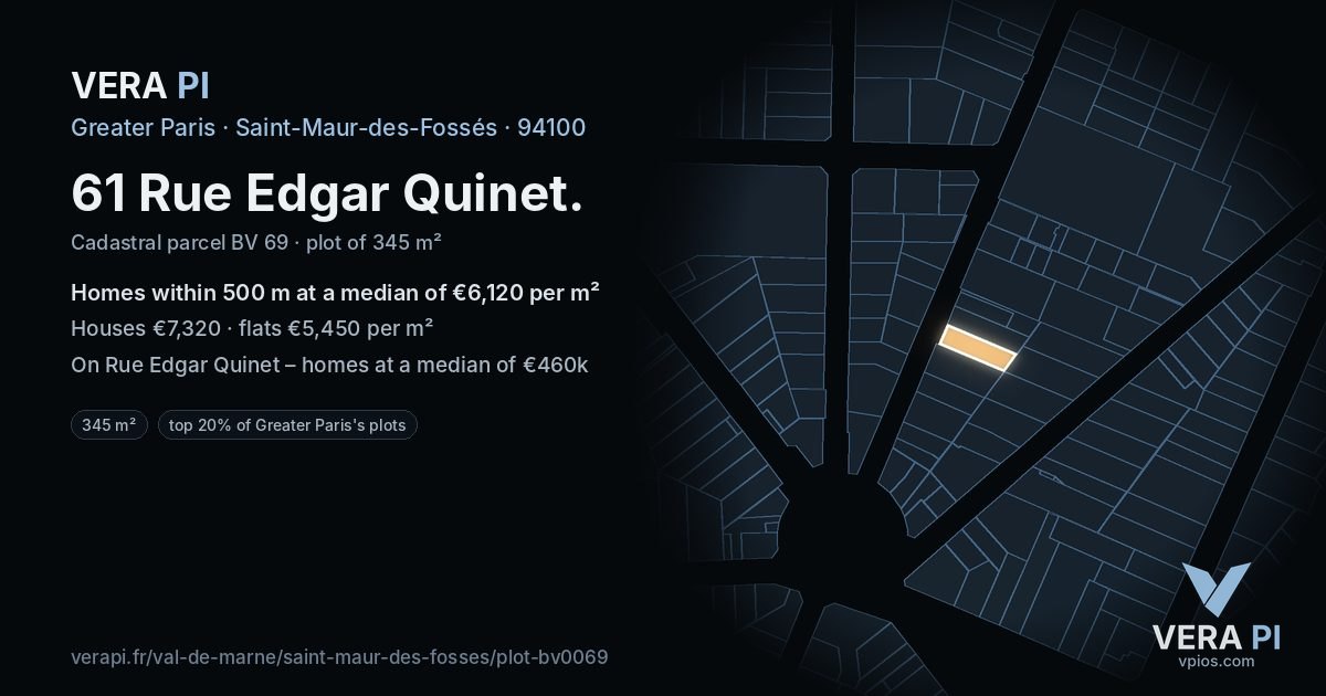 61 Rue Edgar Quinet, Saint-Maur-des-Fossés at night – the plot lit, the parcels around coloured by the prices near them