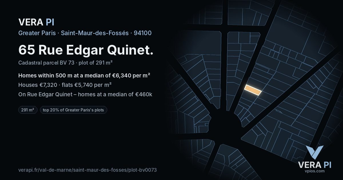 65 Rue Edgar Quinet, Saint-Maur-des-Fossés at night – the plot lit, the parcels around coloured by the prices near them