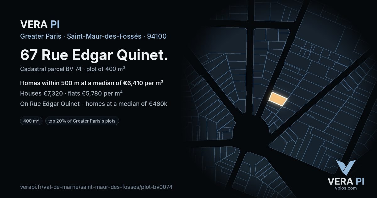 67 Rue Edgar Quinet, Saint-Maur-des-Fossés at night – the plot lit, the parcels around coloured by the prices near them