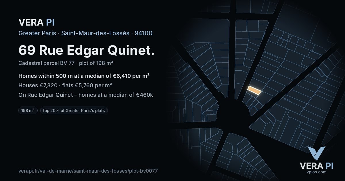 69 Rue Edgar Quinet, Saint-Maur-des-Fossés at night – the plot lit, the parcels around coloured by the prices near them