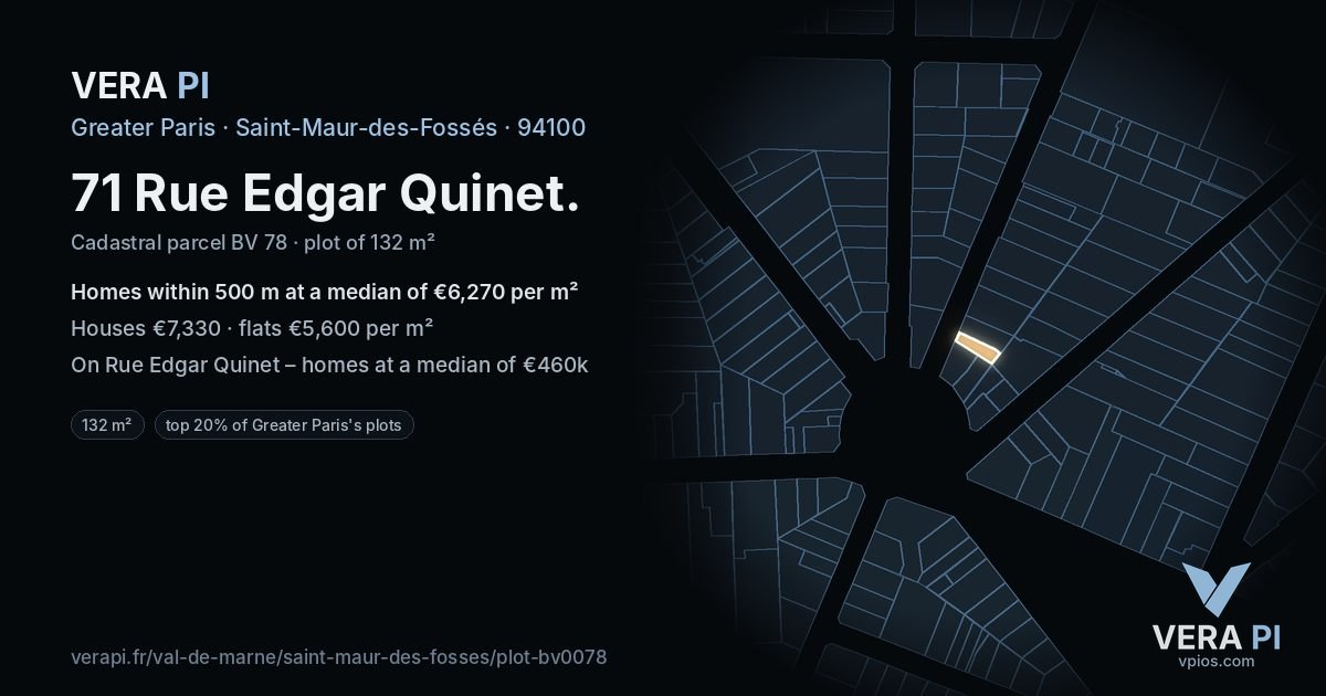 71 Rue Edgar Quinet, Saint-Maur-des-Fossés at night – the plot lit, the parcels around coloured by the prices near them
