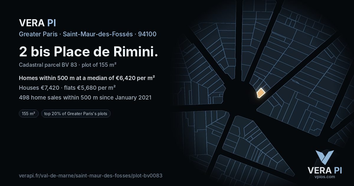 2 bis Place de Rimini, Saint-Maur-des-Fossés at night – the plot lit, the parcels around coloured by the prices near them