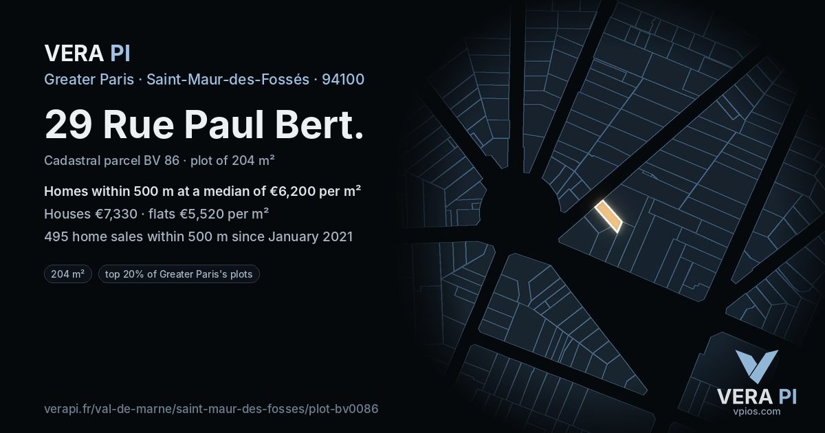 29 Rue Paul Bert, Saint-Maur-des-Fossés at night – the plot lit, the parcels around coloured by the prices near them