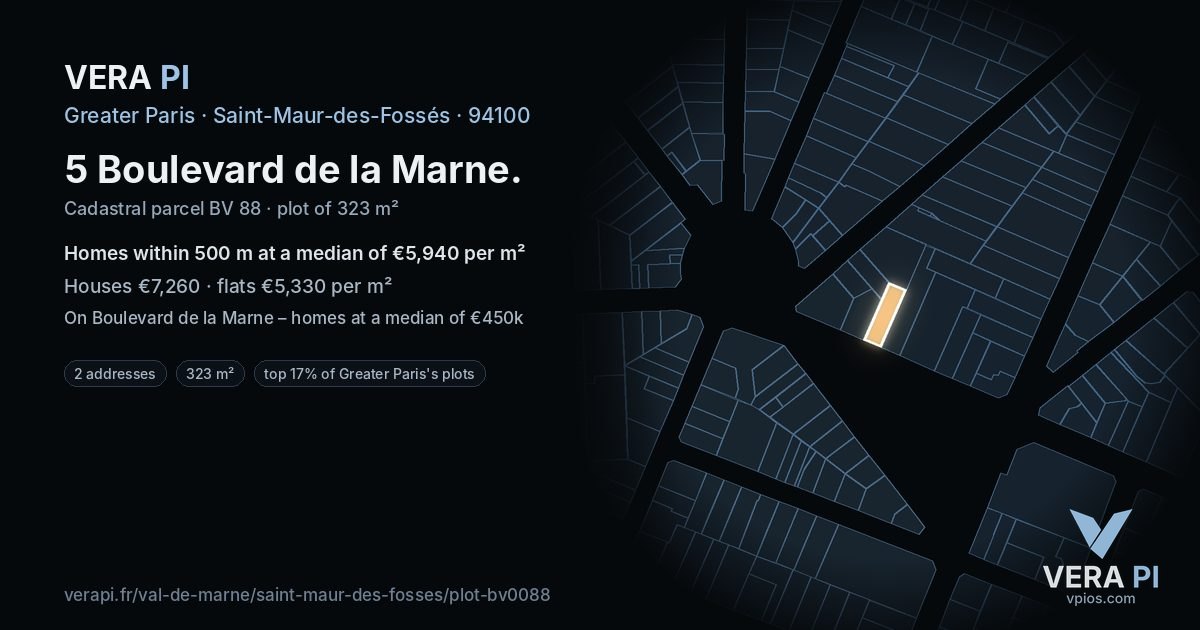 5 Boulevard de la Marne, Saint-Maur-des-Fossés at night – the plot lit, the parcels around coloured by the prices near them