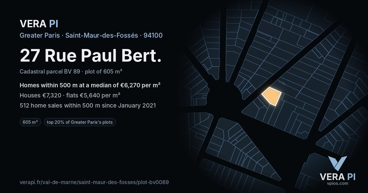 27 Rue Paul Bert, Saint-Maur-des-Fossés at night – the plot lit, the parcels around coloured by the prices near them