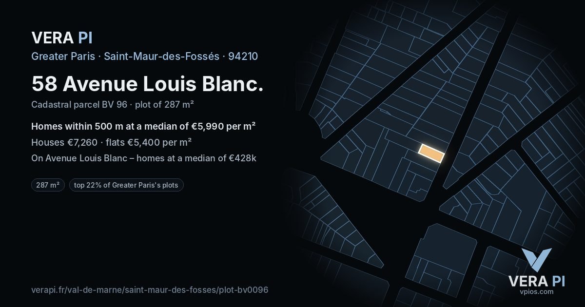 58 Avenue Louis Blanc, Saint-Maur-des-Fossés at night – the plot lit, the parcels around coloured by the prices near them