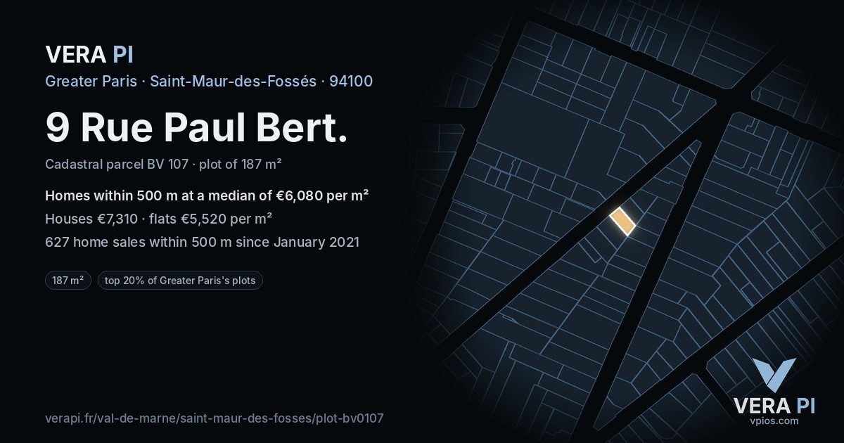 9 Rue Paul Bert, Saint-Maur-des-Fossés at night – the plot lit, the parcels around coloured by the prices near them