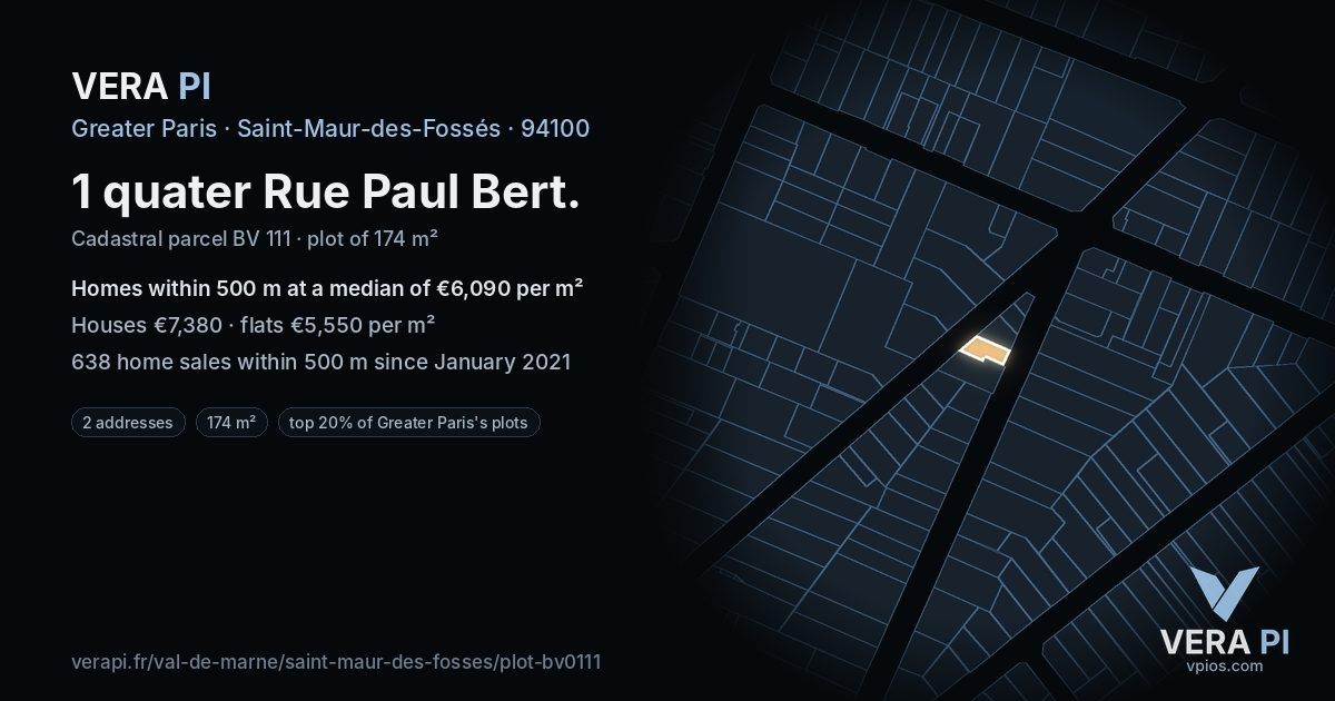 1 quater Rue Paul Bert, Saint-Maur-des-Fossés at night – the plot lit, the parcels around coloured by the prices near them