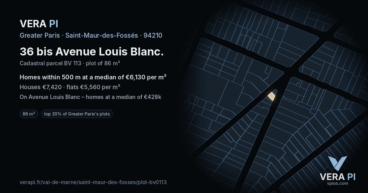 36 bis Avenue Louis Blanc, Saint-Maur-des-Fossés at night – the plot lit, the parcels around coloured by the prices near them