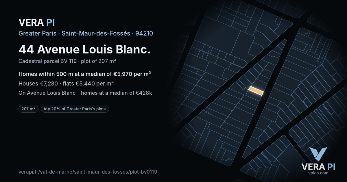 44 Avenue Louis Blanc, Saint-Maur-des-Fossés at night – the plot lit, the parcels around coloured by the prices near them