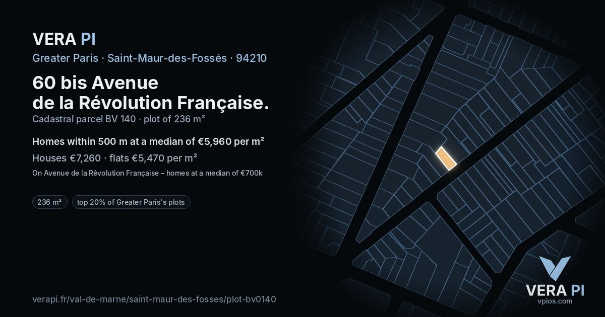 60 bis Avenue de la Révolution Française, Saint-Maur-des-Fossés at night – the plot lit, the parcels around coloured by the prices near them